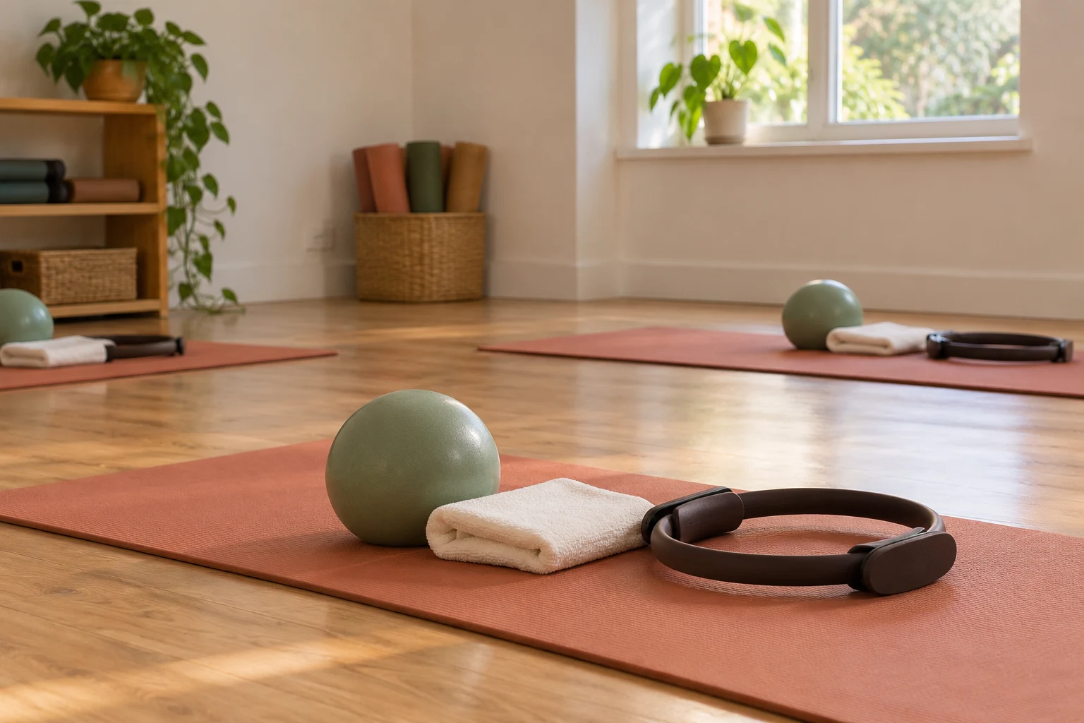 Illustrative Pilates studio with terracotta mats, rings and small balls in natural daylight